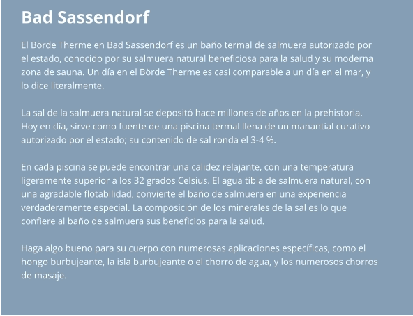 Bad Sassendorf El Börde Therme en Bad Sassendorf es un baño termal de salmuera autorizado por  el estado, conocido por su salmuera natural beneficiosa para la salud y su moderna  zona de sauna. Un día en el Börde Therme es casi comparable a un día en el mar, y  lo dice literalmente.  La sal de la salmuera natural se depositó hace millones de años en la prehistoria.  Hoy en día, sirve como fuente de una piscina termal llena de un manantial curativo  autorizado por el estado; su contenido de sal ronda el 3-4 %.  En cada piscina se puede encontrar una calidez relajante, con una temperatura  ligeramente superior a los 32 grados Celsius. El agua tibia de salmuera natural, con  una agradable flotabilidad, convierte el baño de salmuera en una experiencia  verdaderamente especial. La composición de los minerales de la sal es lo que  confiere al baño de salmuera sus beneficios para la salud.  Haga algo bueno para su cuerpo con numerosas aplicaciones específicas, como el  hongo burbujeante, la isla burbujeante o el chorro de agua, y los numerosos chorros  de masaje.